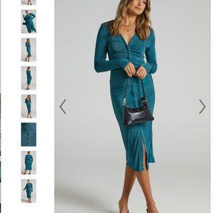 Showpo Keagan Ruched Button Front Cotton Midi Dress in Emerald Size 4 US